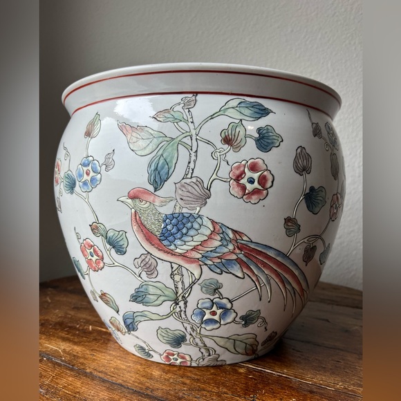 Vintage Asian Koi Fish and Bird with floral Design Planter Cache pot - Picture 8 of 9